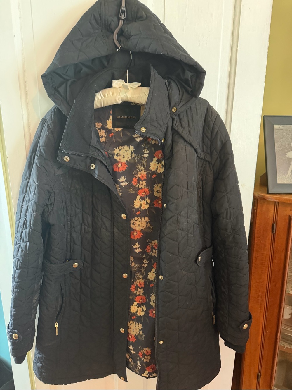 Weatherproof Black Quilted Hooded Puffer Jacket with Floral Lining